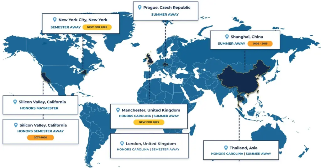 A world map highlighting various study-away and honors programs. Locations include New York City, New York (Semester Away, New for 2025); Silicon Valley, California (Honors Maymester and Honors Semester Away, 2017-2020); Prague, Czech Republic (Summer Away); Shanghai, China (Summer Away, 2006-2019); Manchester, United Kingdom (Honors Carolina Summer Away, New for 2025); London, United Kingdom (Honors Carolina Semester Away, New for 2025); and Thailand, Asia (Honors Carolina Summer Away). Each location is marked with a pin and corresponding label indicating the type of program and its status.